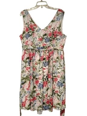 L🌸Sleeveless Floral V-Neck Midi Dress in White with Pink & Blue Flowers